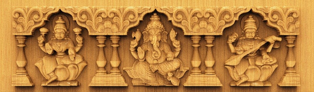 H God Frame - HB-40 Divine Trinity Ganesha, Lakshmi, and Saraswati Relief Carving